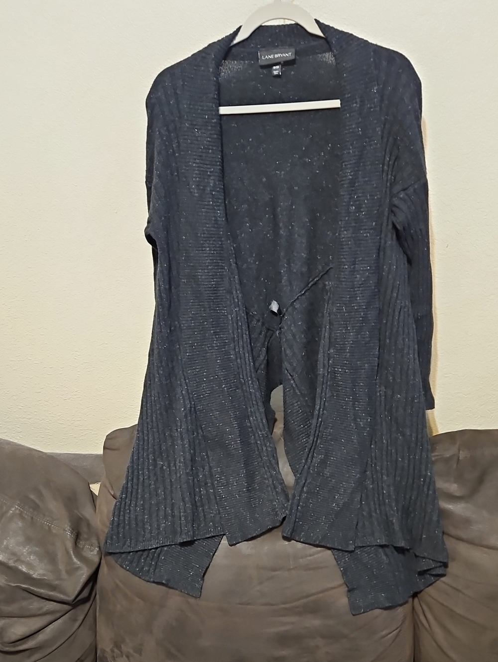 Lane Bryant Navy Ribbed Open-Front Cardigan with Draped Hem